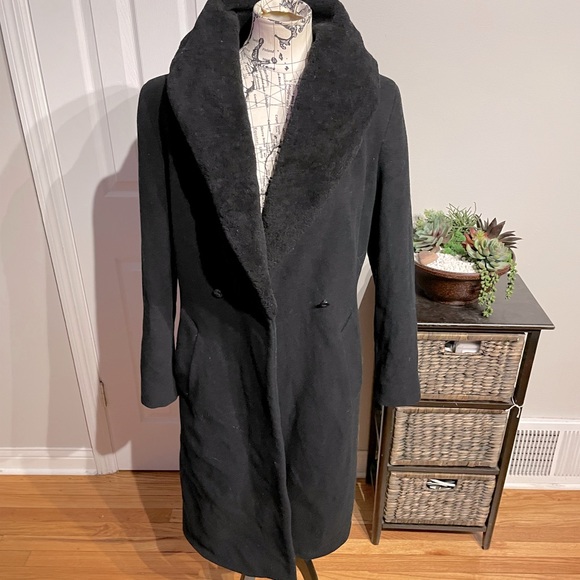 Vintage Wool Cashmere GENUINE DYED SHEEPEKIN Fur trim Cowl one Button Fit Flare - Picture 3 of 9